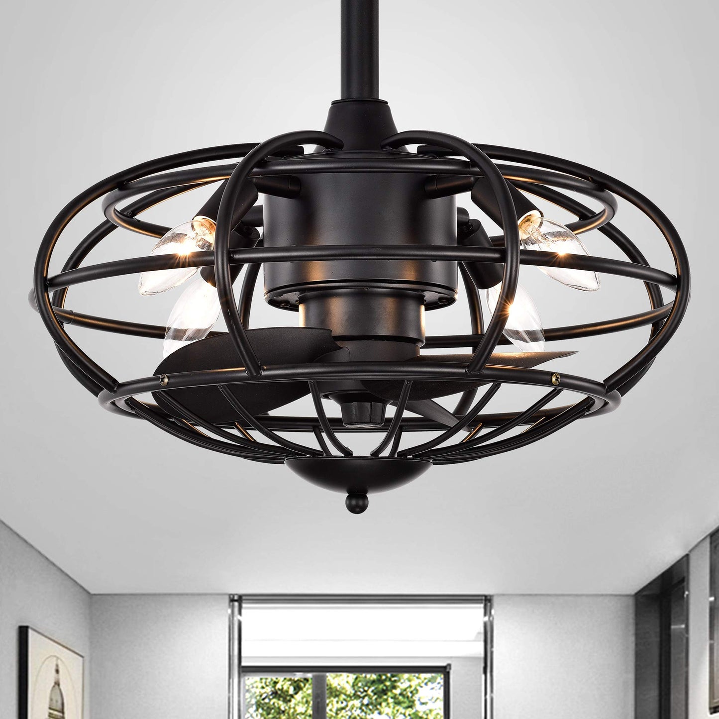 Warehouse of Tiffany CFL-8478S/MB Monti Matte Black 18-Inch 3-Blade Ceiling Fan with Caged Metal Frame (Includes Remote) Ceiling Fan