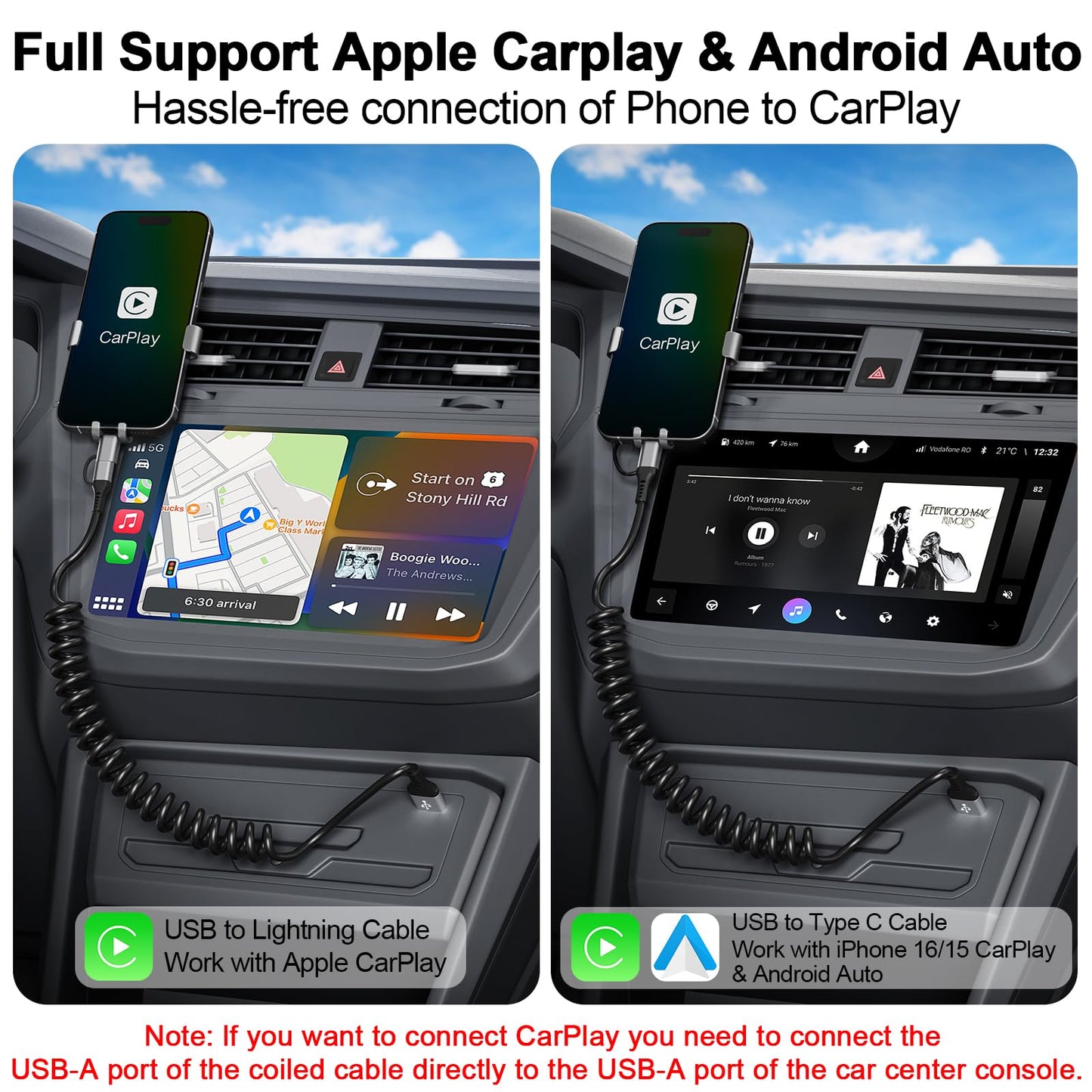 USB to USB-C and Lightning Cable Combo, 2 in 1 Coiled iPhone Charger Cable Apple Carplay & Android Auto, [MFi & 3A Fast Charge] Retractable Lightning…