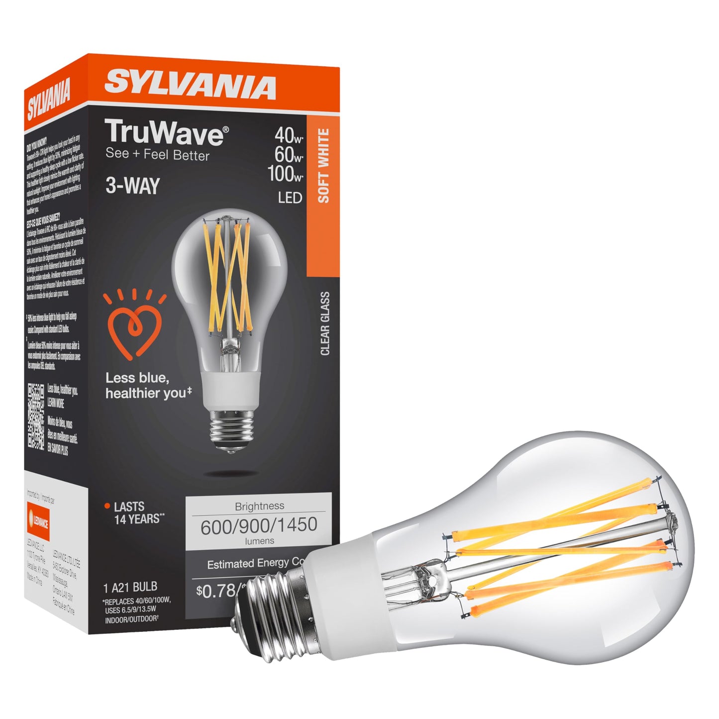 Sylvania LED TruWave Natural Series 3-Way A21 Light Bulb, 40/60/100W Equivalent Efficient 6.5/9/13.5W, Medium Base, Clear, 2700K, Soft White - 1 Pack