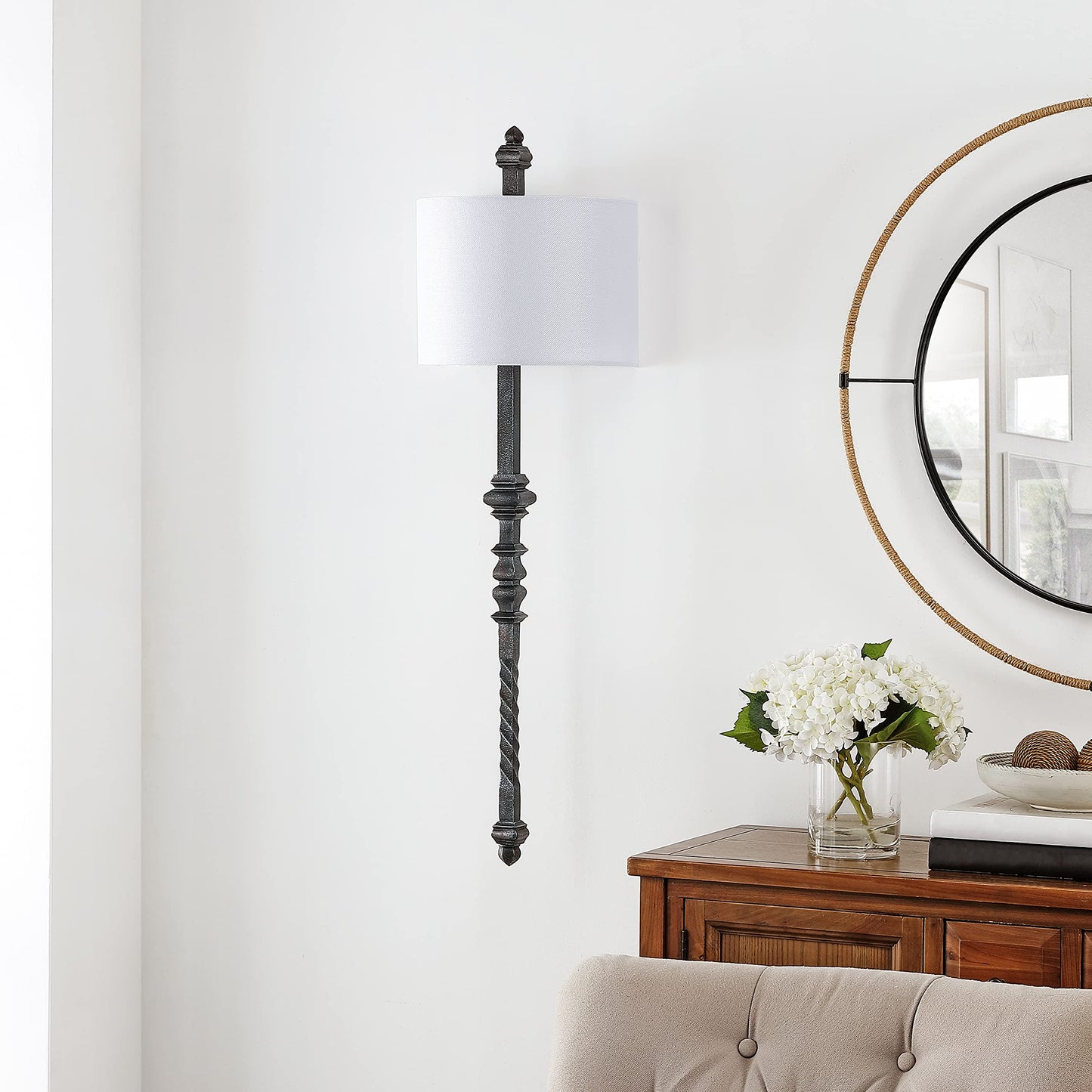 SAFAVIEH Lighting Collection Covington Farmhouse Rustic Traditional Silvered Black Metal 40-inch 1-light Bedroom Bathroom Vanity Hallway Foyer Living