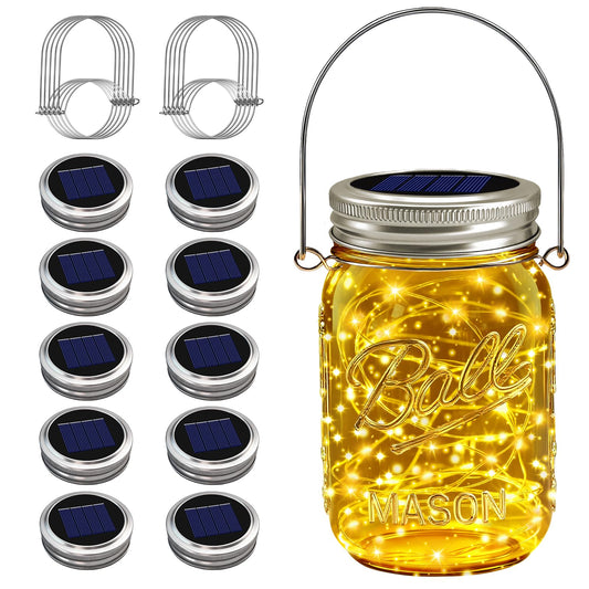 VOOKRY Solar Mason Jar Lights - 10 Pack 30 LED Waterproof Outdoor Fairy Firefly Jar Lids String Lights with Hangers (No Jars) for Mason Jars Patio