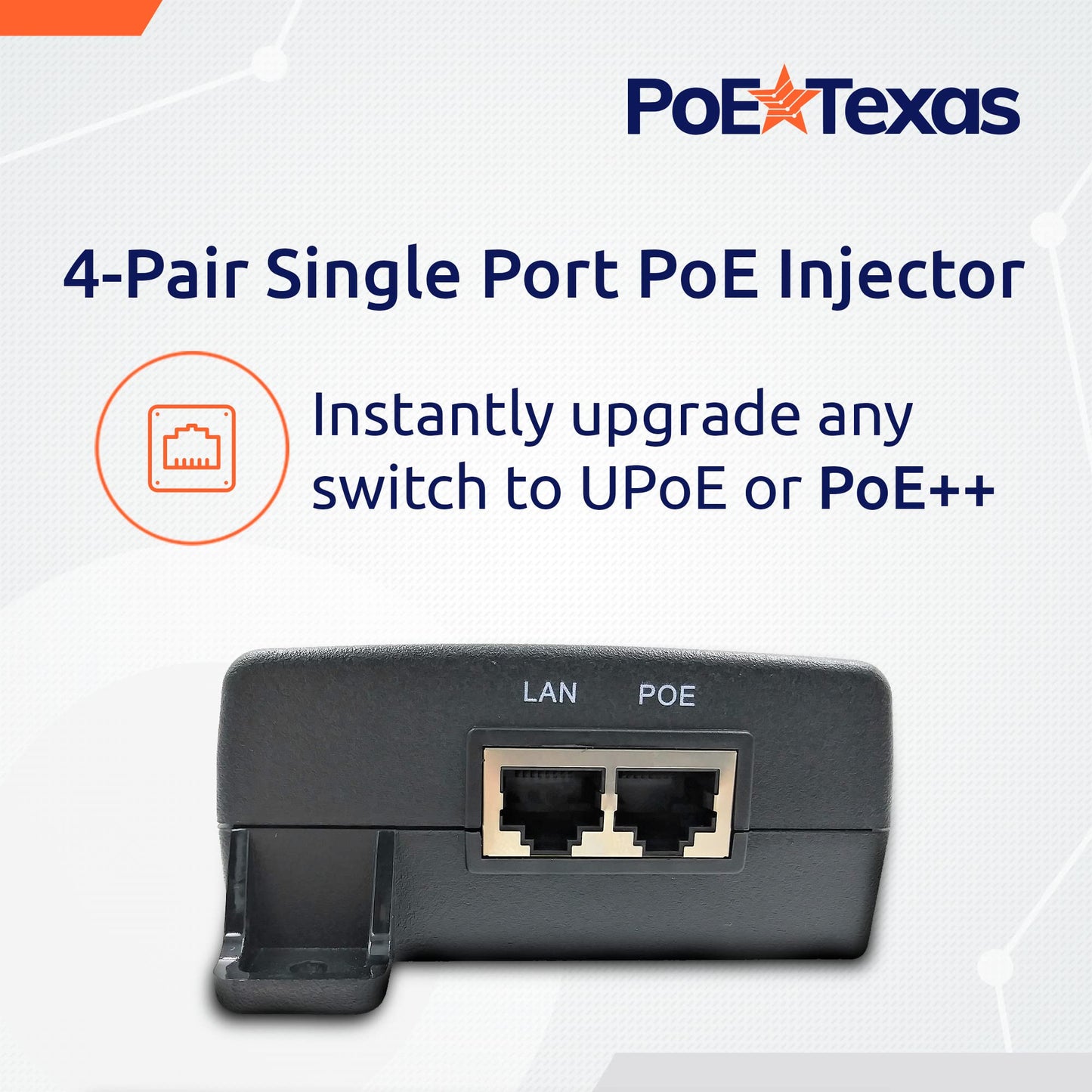 Poe Texas 60 watt PoE Injector - 802.3bt PoE++ Single Port 4-Pair Power Over Ethernet Injector - Active PoE Adapter with 55V 60W Output - 10/100/1000