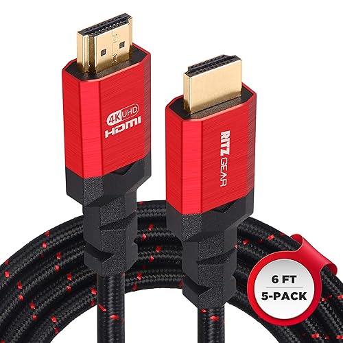 4K HDMI 2.0 Cable 6 ft. [5 Pack] by RitzGear. 18 Gbps Ultra High Speed Braided Nylon Cord & Gold Connectors - 4K@60Hz/UHD/3D/2160p/1080p/ARC