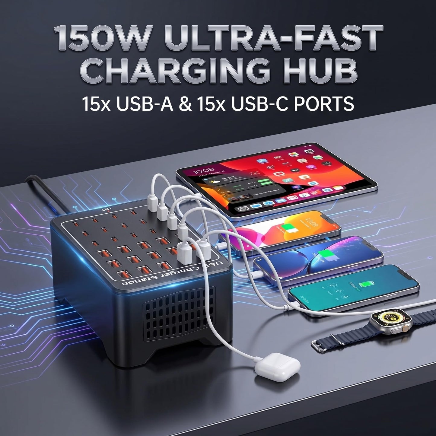 150W USB C Charging Station, 30 Port Fast Multi Device Charger (15 USB-C + 15 USB-A) Desktop Charger Hub, Compatible with iPhone Samsung iPad Google