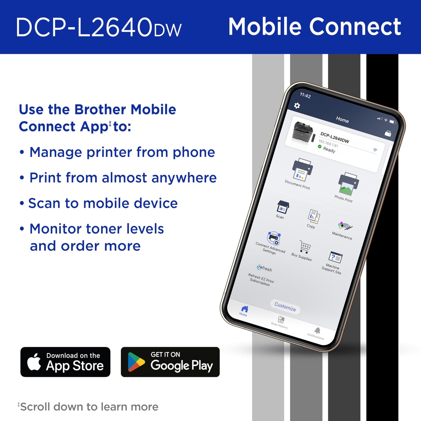 Brother DCP-L2640DW Wireless Compact Monochrome Multi-Function Laser Printer with Copy and Scan, Duplex, Mobile, Black & White | Includes Refresh