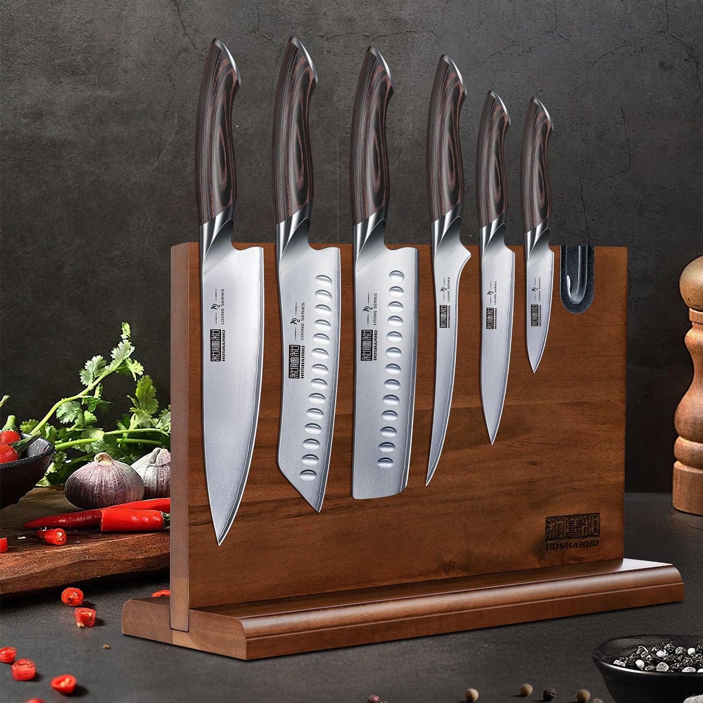 HOSHANHO 7-Pc Kitchen Knife Set – Japanese High Carbon Stainless Steel with Magnetic Block, Ultra-Sharp Chef Knives & Pakkawood Handles