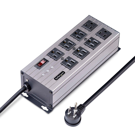 StarTech.com Flat Plug 8-Outlet Heavy Duty Industrial Power Strip 125V/15A with Surge Protector, EMI/RFI Isolation, Mountable PDU, 12ft/3.6m Extension