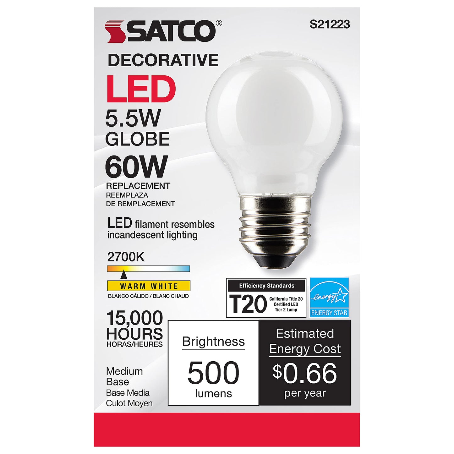 Satco 5.5-Watt LED E26 Light Bulb, 2700K, 15000 Hour Rating, Dimmable White