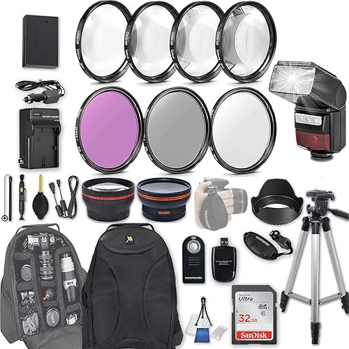 58mm 28 Pc Accessory Kit for Canon EOS Rebel SL2, 200D DSLR with 0.43x Wide Angle Lens, 2.2X Telephoto Lens, LED-Flash, 32GB SD, Filter & Macro Kits