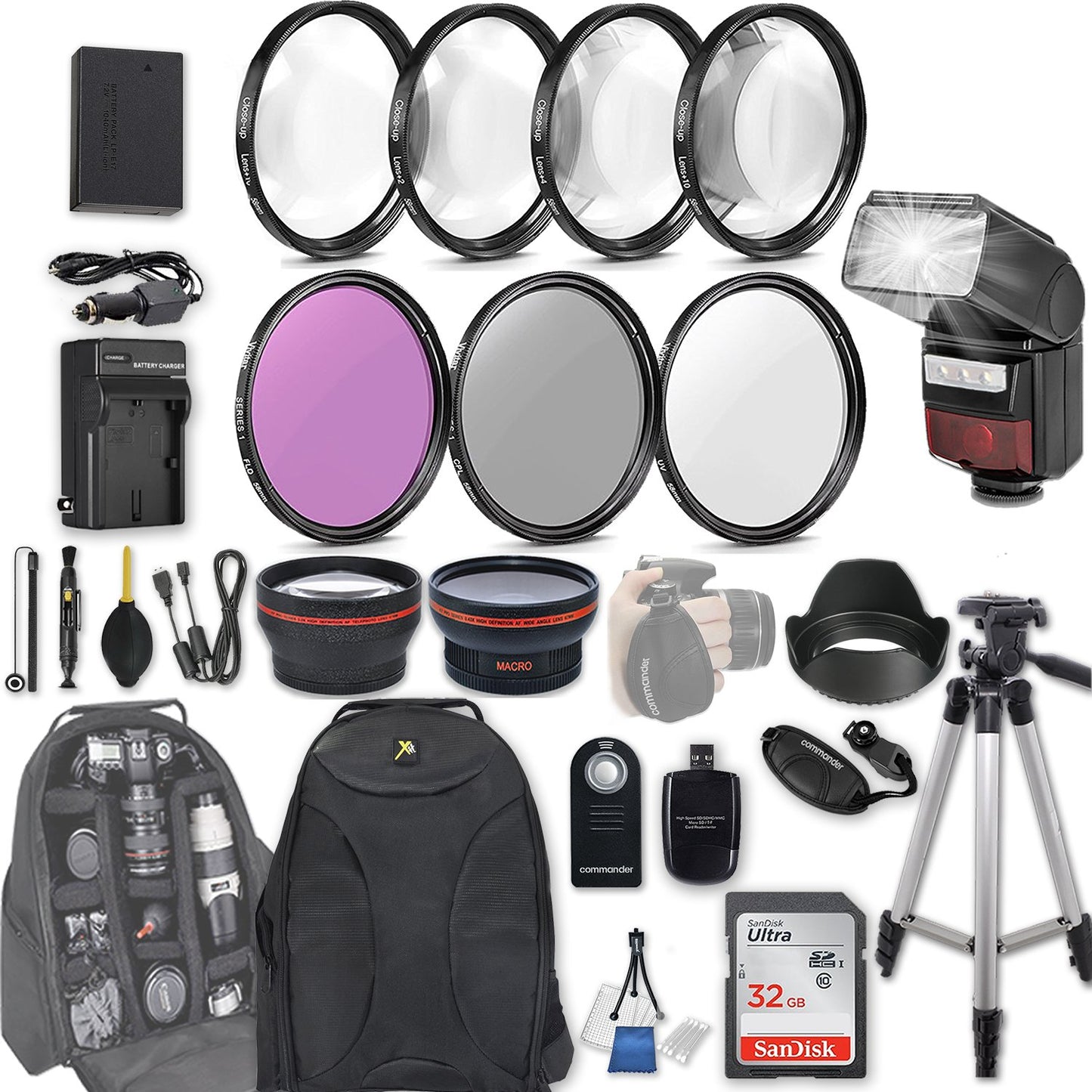 58mm 28 Pc Accessory Kit for Canon EOS Rebel SL2, 200D DSLR with 0.43x Wide Angle Lens, 2.2X Telephoto Lens, LED-Flash, 32GB SD, Filter & Macro Kits