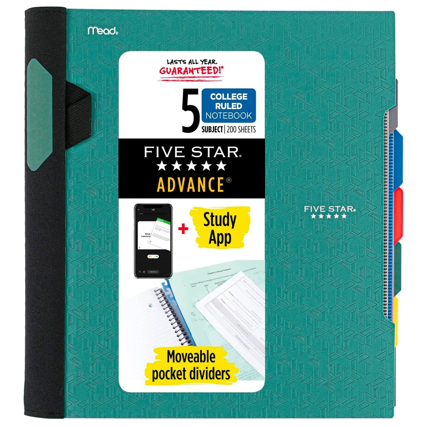 Five Star Advance Spiral Notebook + Study App, 5 Subject, College Ruled Paper, 8-1/2" x 11", 200 Sheets, Spiral Guard, Movable Tabbed Dividers