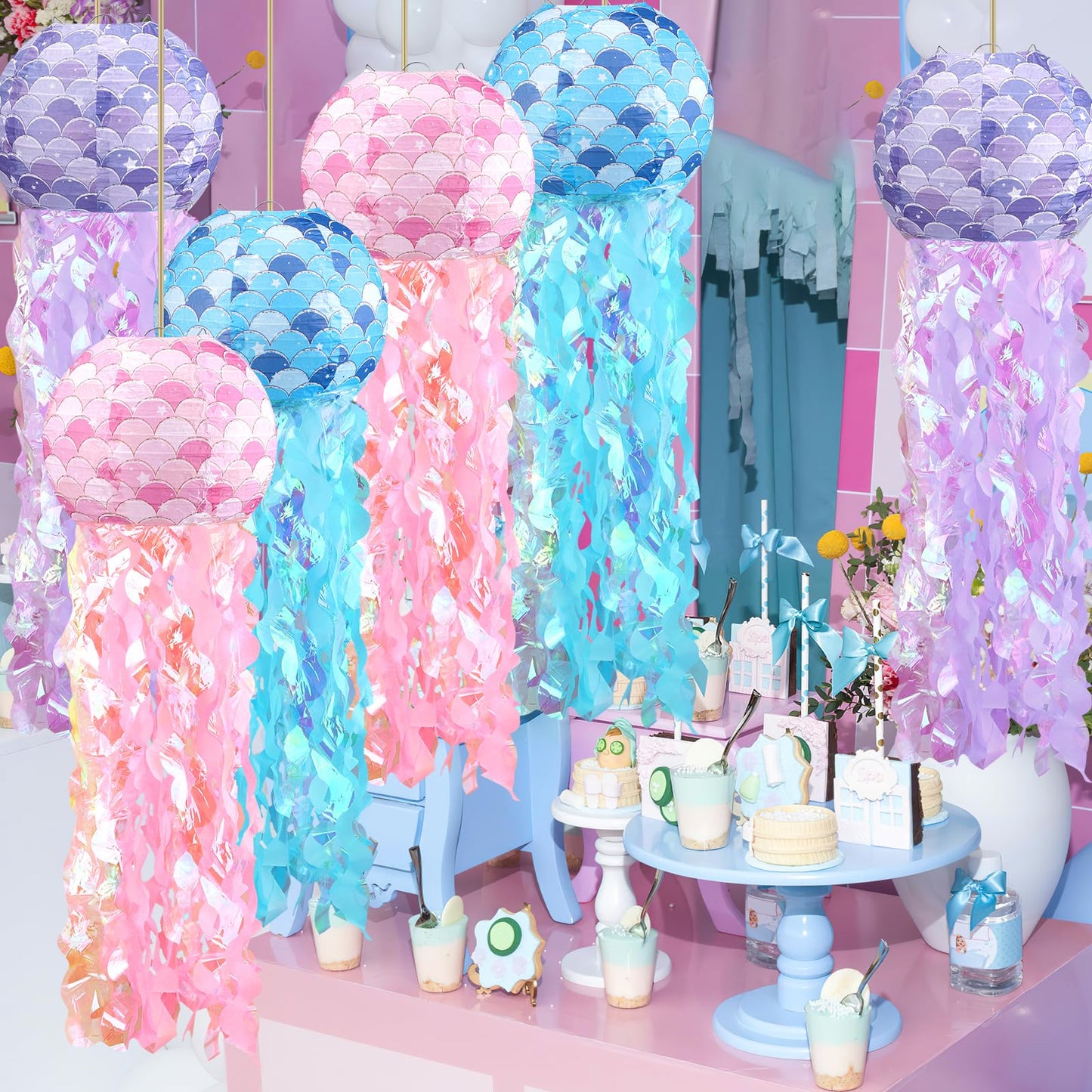 Celehappy 6pcs Jellyfish Paper Lanterns Blue Pink Purple Under The Sea Party Decorations for Mermaid Ocean Themed Birthday Party Decorations Baby