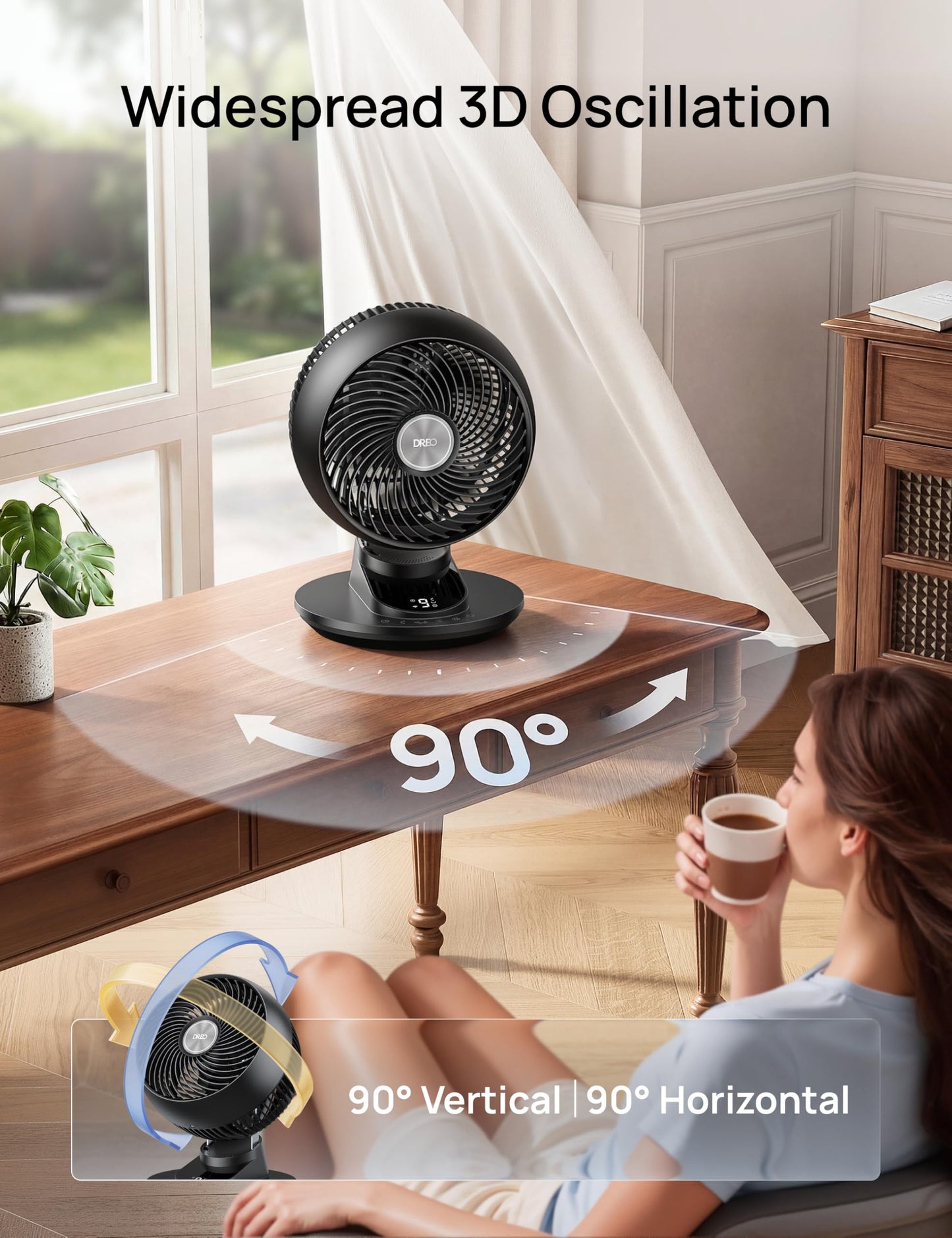 DREO Smart Fan for Bedroom, Powerful 85 ft Airflow, 12 Inches, Desk Fans in 20dB Quiet, 90°+90° oscillating fans, App/Voice Control, 9 Speeds & 8/12H