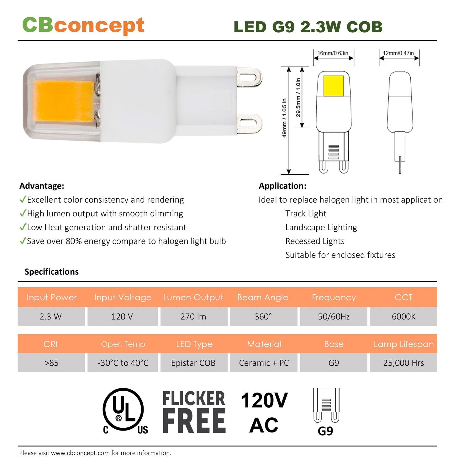 CBconcept UL Listed, G9 LED Light Bulb, 5 Pack, Epistar COB 2.3 Watt, 270 Lumen, Not Dimmable, Pure White 6000K, 360 degree Beam Angle, 120 Volt, 35W
