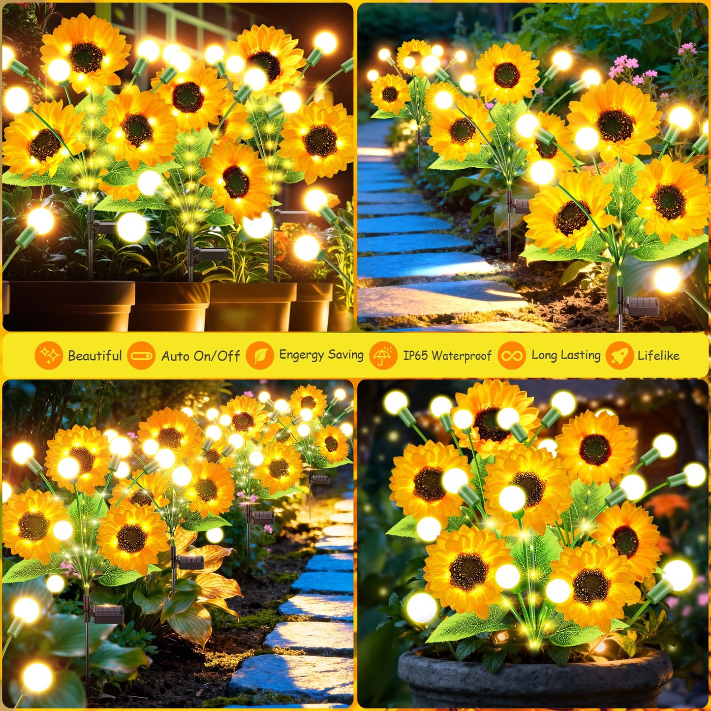 Garpar Solar Garden Lights, Upgraded 8 Pack Bigger Solar Sunflowers with Swaying Firefly Lights, Brighter Waterproof Solar Outdoor Lights for Yard