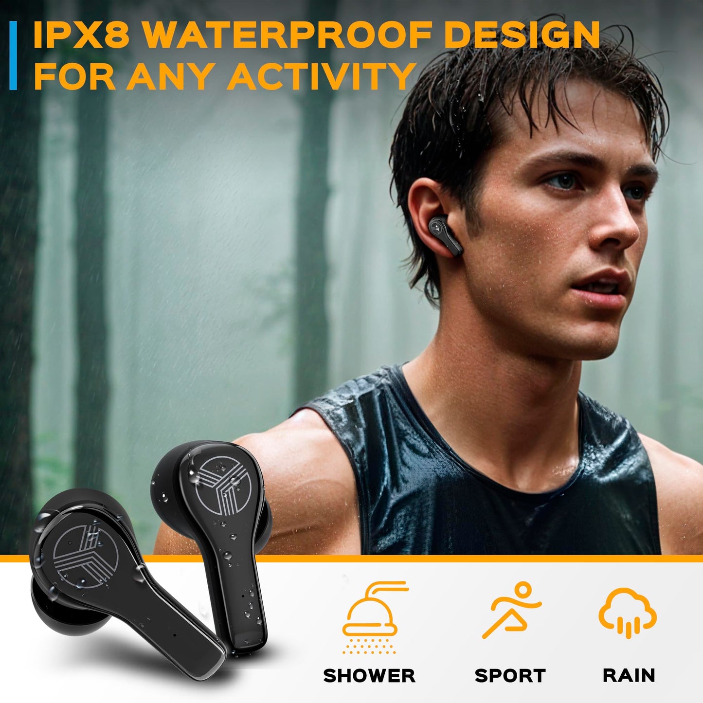 Treblab WX8 - True Wireless Earbuds with Pure Sound, Soft Silicone Ear Buds, IPX8 Waterproof, 28H Play, Wireless Charging, Noise Reduction Touch