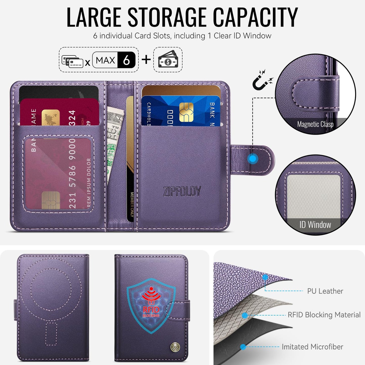 ZipFoldy for Magsafe Wallet, Magnetic Phone Wallet with RFID Blocking 6-Card Holder for Men Women Minimalist Slim PU Leather Kickstand for iPhone 17