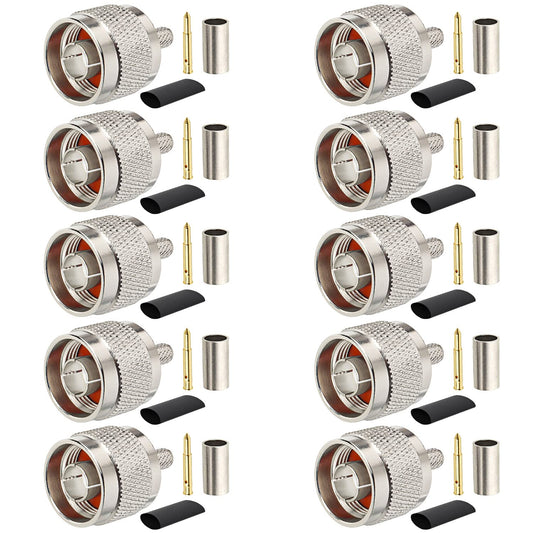 MOOKEERF N Male Plug Crimp Coax Connector Adapter for RG58 LMR195 KSR195 RG400 3D-FB Cable (10 Pack)