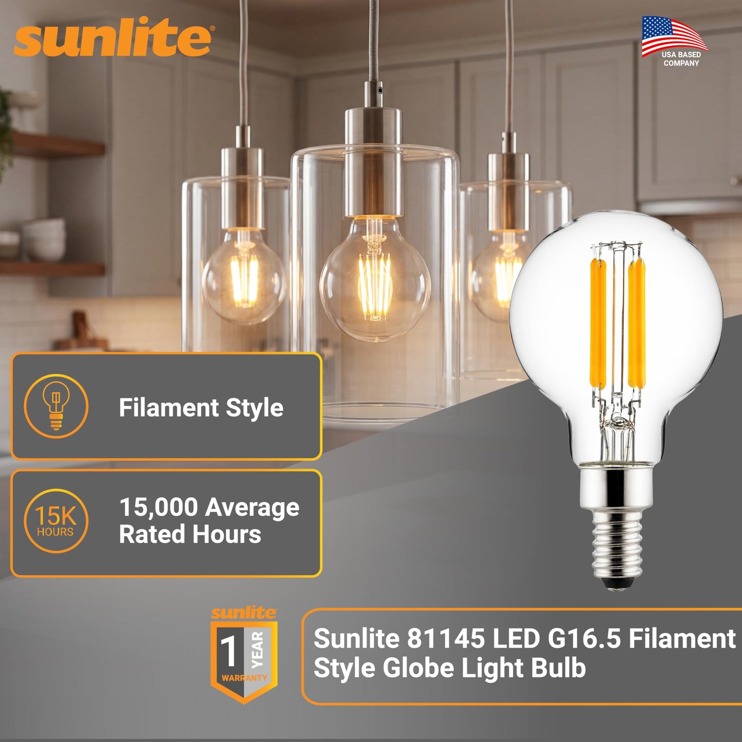 Sunlite 81145 LED G16.5 Filament Style Globe Light Bulb, 6 Watts (60W Equivalent), 500 Lumens, 120V, Dimmable, Candelabra Base (E12), 90 CRI, UL