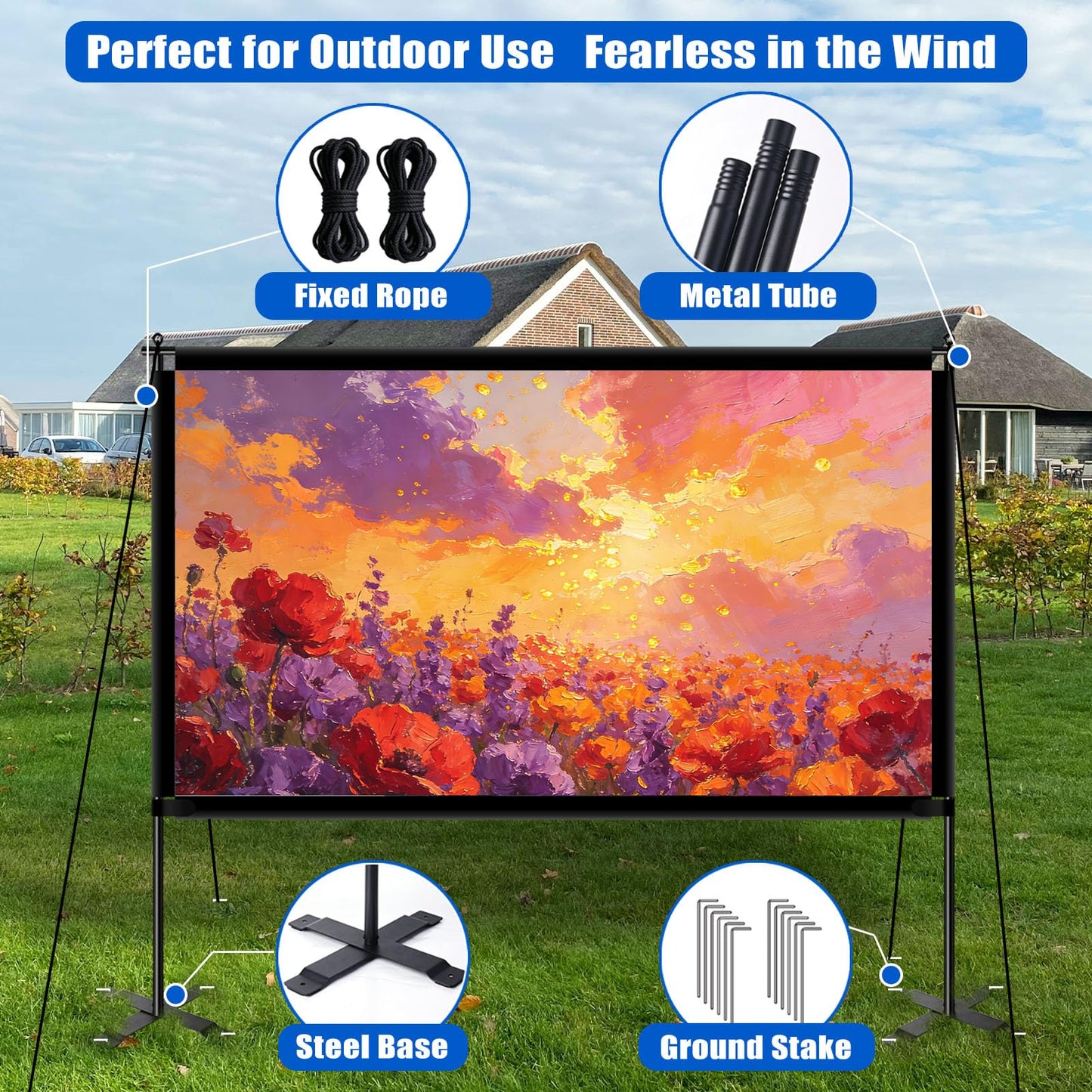 XIAOHUI 120 inch Outdoor Projector Screen with Stand, Portable Projector Screen with Carry Bag Windproof Fixing Rope Set, 4K Anti Light Glare Movie