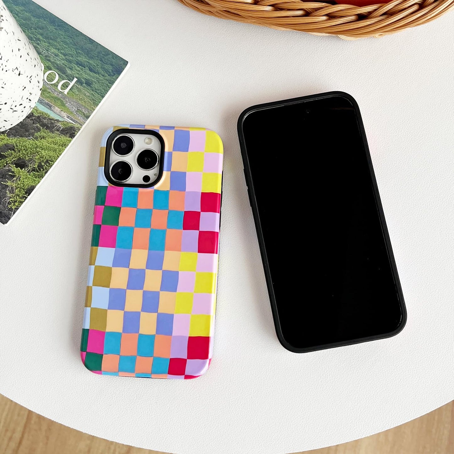 branple Compatible with iPhone 14 Plus Case,Cute Simple Colorful Checkered Case with Shockproof Slim Soft TPU and Hard PC Protective Covers