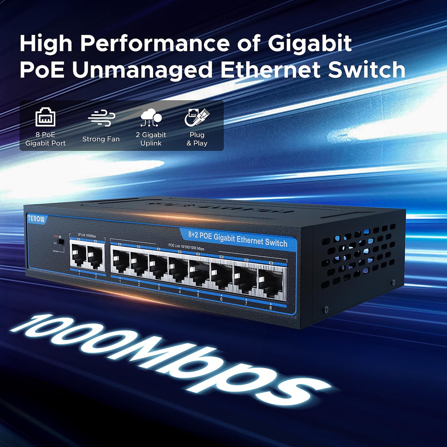 8-Port PoE Gigabit Switch with 2 Gigabit Uplink, 8 PoE+Port 1000Mbps, 96W, 802.3af/at Vlan, Metal fanless Design, Plug-and-Play, Desktop