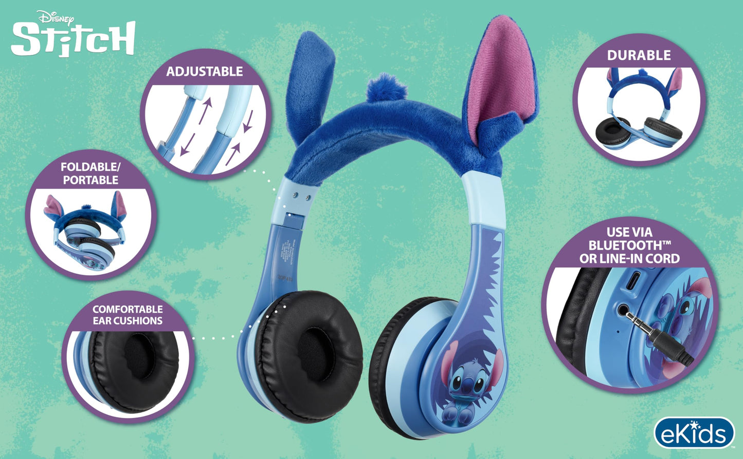 Disney Stitch Bluetooth Headphones for Kids, Wireless Headphones for School, Home or Travel