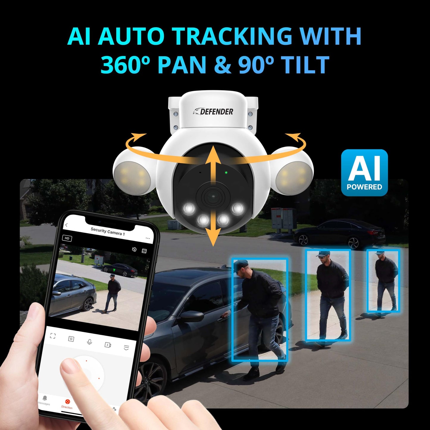 Defender AI Powered Sentinel 4K Wired Security Camera System, 360° PTZ Security Camera System with AI Tracking, Smart Human Detection, Blue-Red Light