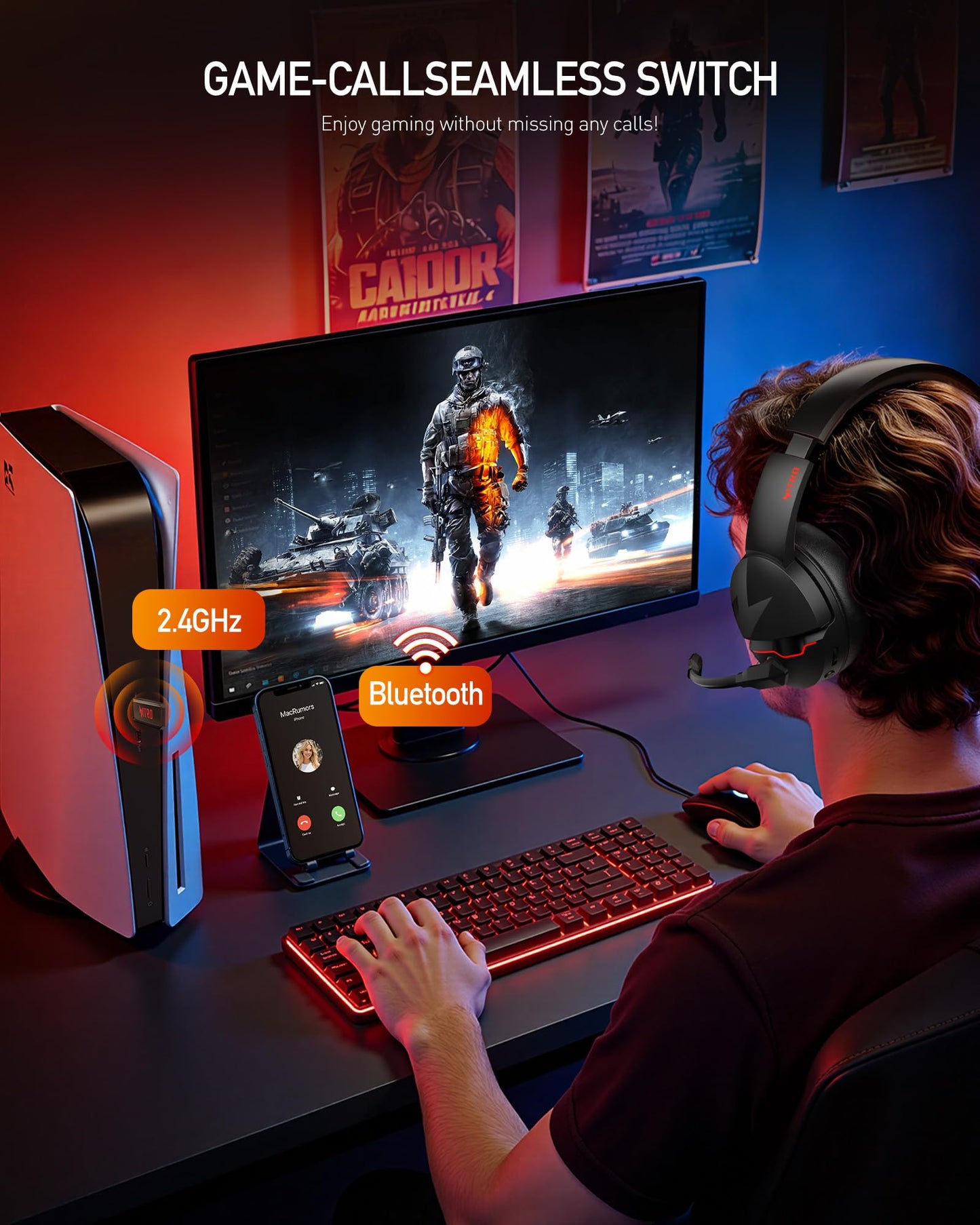acer Wireless Gaming Headset, PS5 Headset with 2.4GHz for Ps5, Ps4, PC, Switch, Bluetooth 5.3 + 100Hrs Gaming Headphones with Noise Canceling Mic