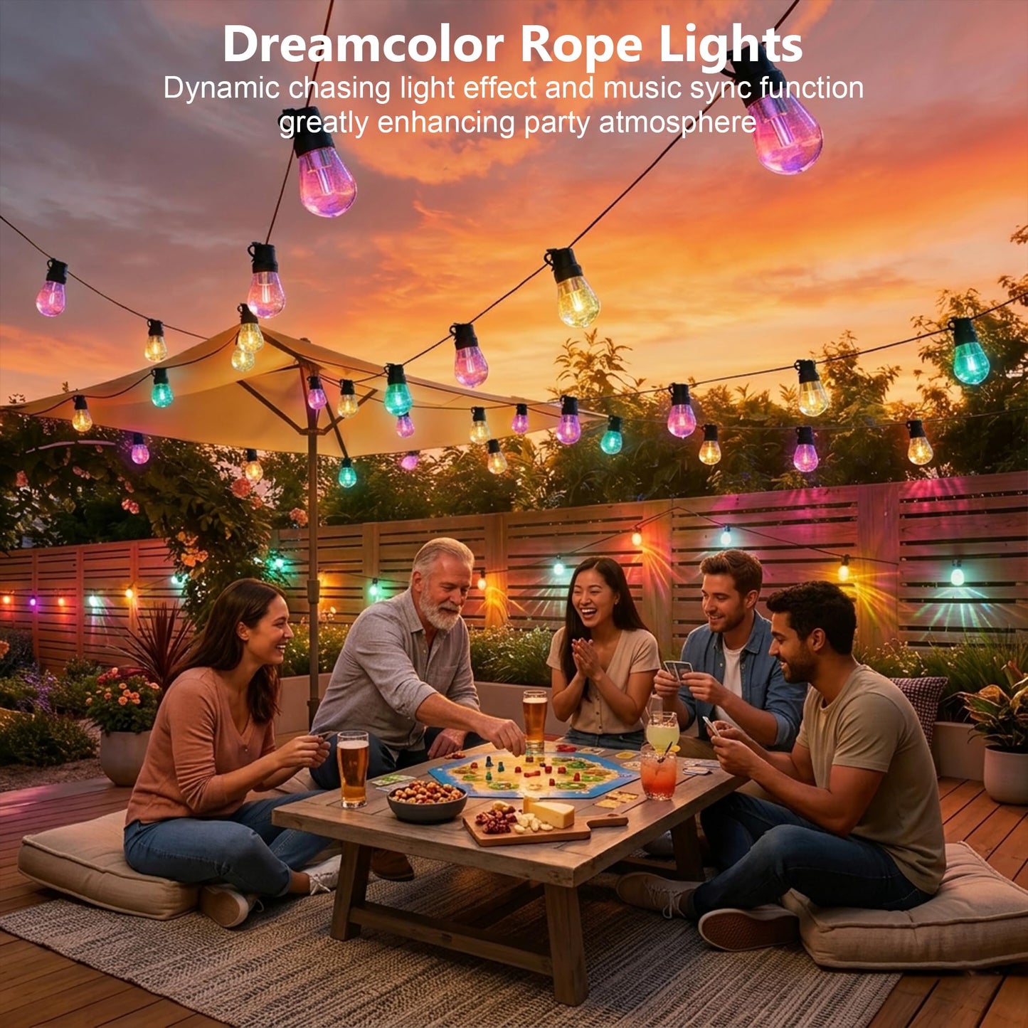 Beizelte Outdoor String Lights, 150FT RGB+IC Outside Light Dimmable Shatterproof LED Bulbs, IP67 Waterproof Chasing Effect Lighting DreamColor Patio