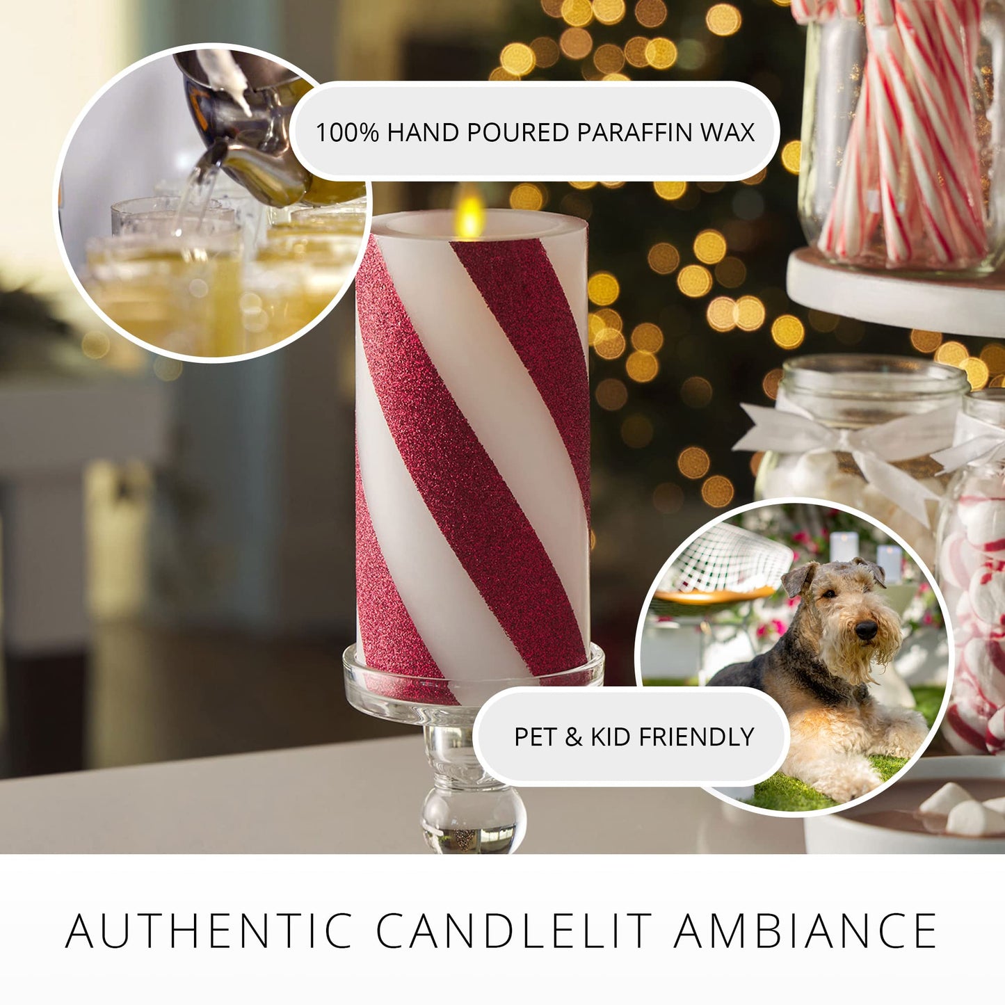 Luminara - Flameless Holiday LED Candle Battery Operated Moving Flame - Red Candy Cane - Pack of 1-6.5" - Unscented Indoor Realistic Flickering Safe