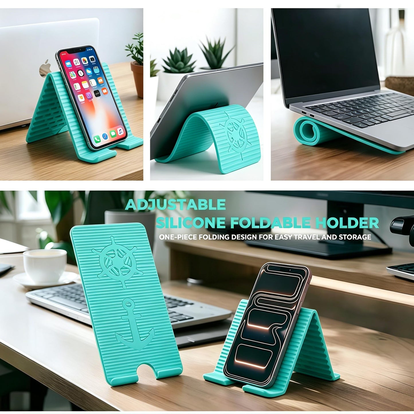 ZURCAS Flexible Silicone Aluminum Phone Holder Tablet Stand with Charging Port Design, Foldable Airplane Laptop/Phone Stand for Home Office Travel