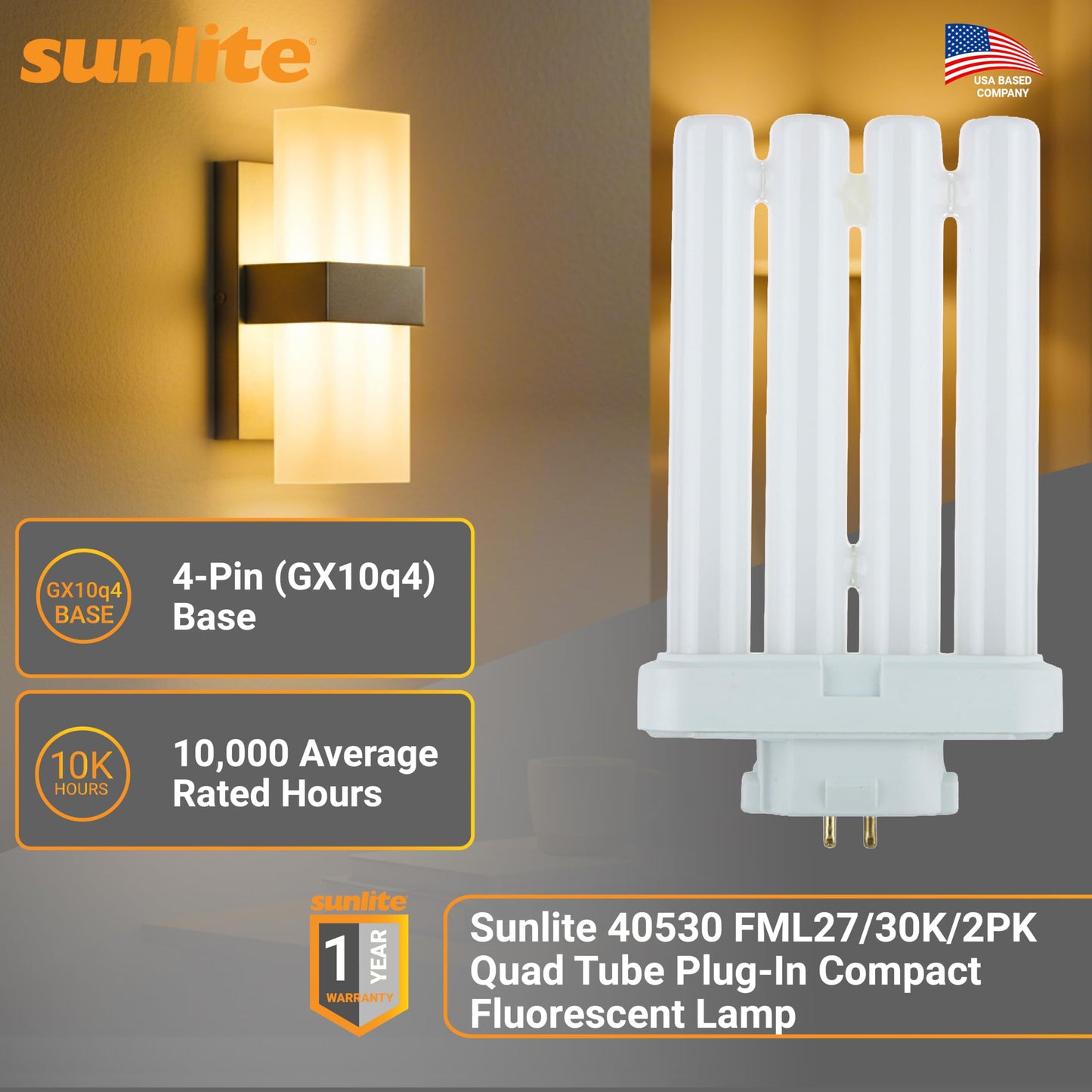 Sunlite 40530 FML27/30K/2PK Quad Tube Plug-in Compact Fluorescent Lamp, FML 4-Pin, 27 Watts, 1500 Lumens, 3000K Warm White, 4-Pin (GX10q4) Base, 120