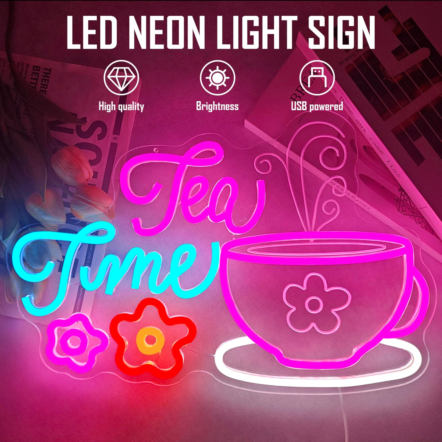 Lets Partea Neon Sign Dimmable Tea Time Party Decorations for Girls LED Garden Floral Teapots Teacups Light for Wall Decor Princess Tea Party