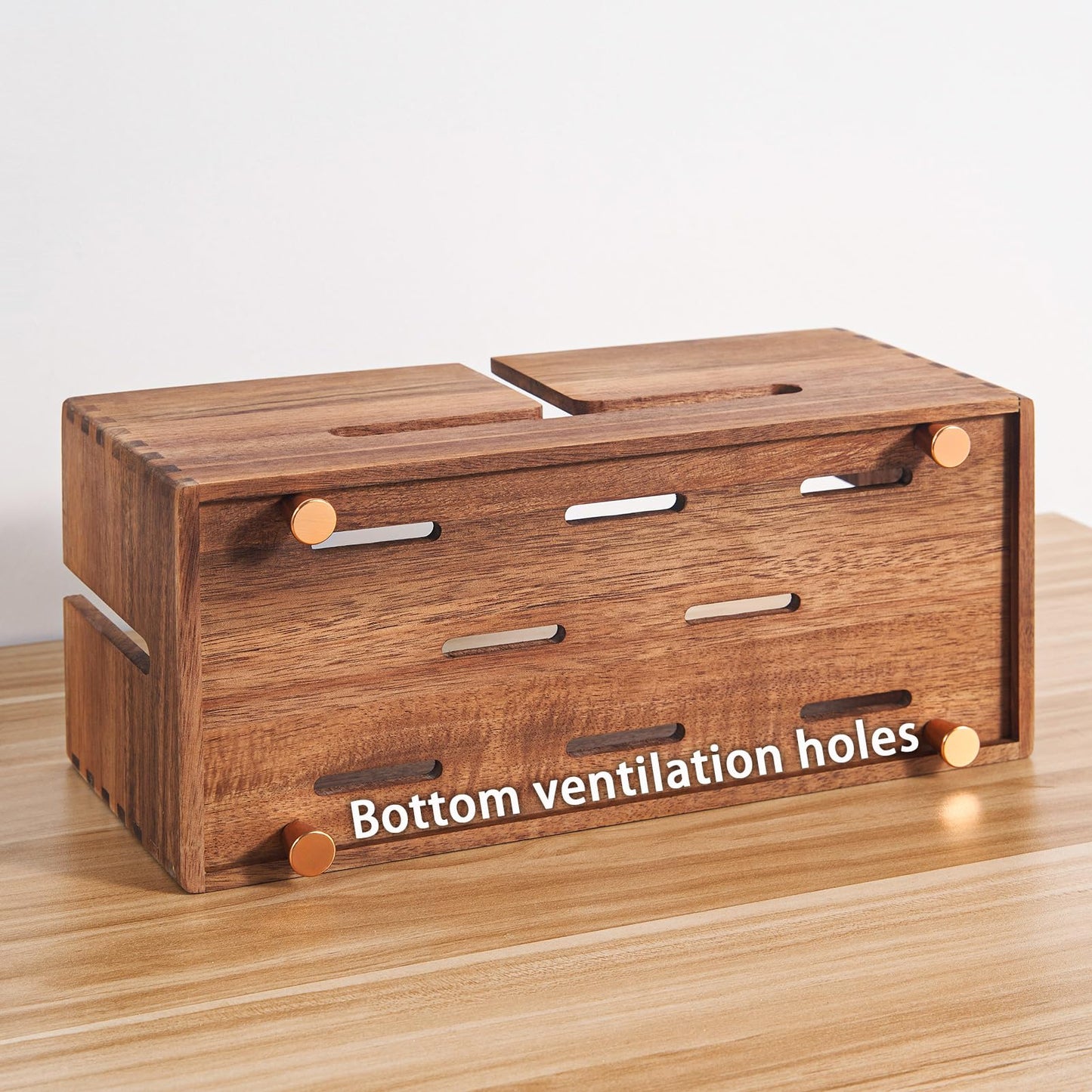 SARUFO Acacia Wood Cable Management Box - Wooden Cord Hider with 4 Metal Feet, Organizer for Desk & Floor, Power Strip TV Wire Concealer, Under Desk