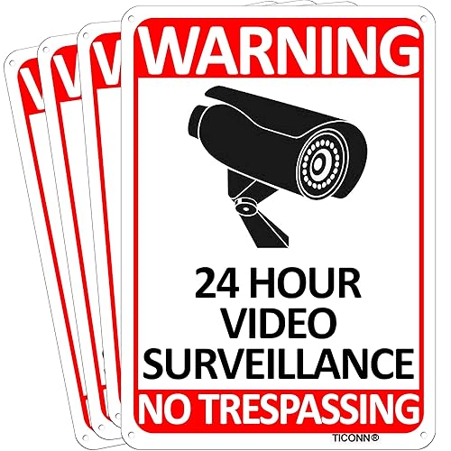 TICONN 4-Pack 24 Hour Video Surveillance Sign, No Trespassing Aluminum Warning Sign, 10’’x7’’ for CCTV Security Camera - Reflective, UV Protected