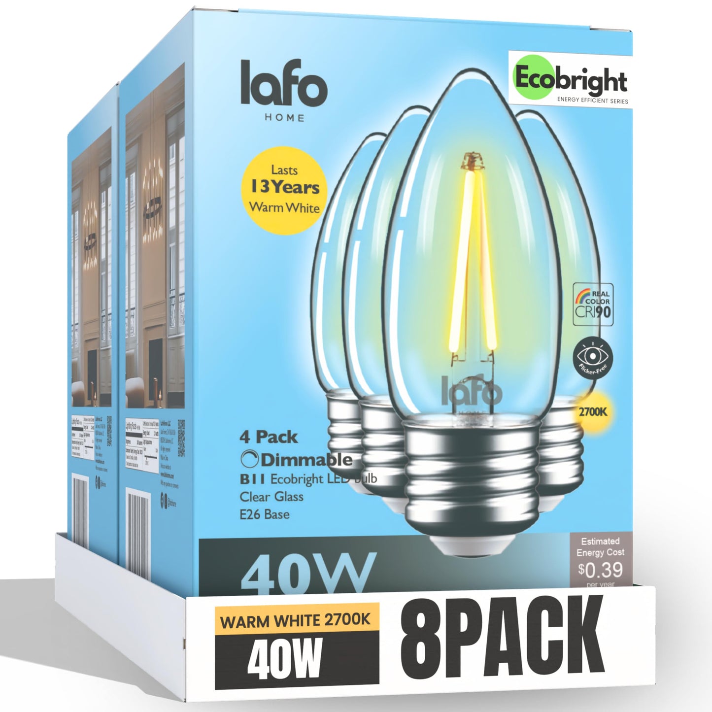 LafoHome EcoBright Dimmable LED Candelabra Light Bulbs B11 Chandelier Bulbs 40W Equivalent E26 Base 2700K Warm White High CRI Flicker Free ETL and FCC