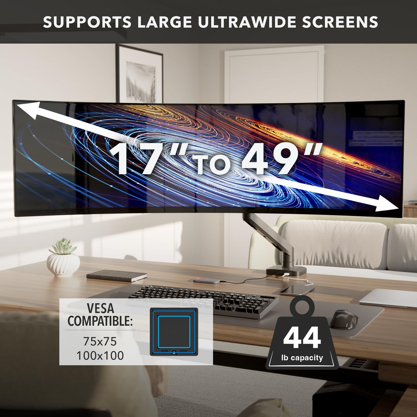 Mount-It! Proflex Series Heavy-Duty Monitor Desk Mount, Fits 17-49” Ultrawide Curved Screens, Full Motion Gas Spring Arm, 44 lbs Capacity, USB-C & USB