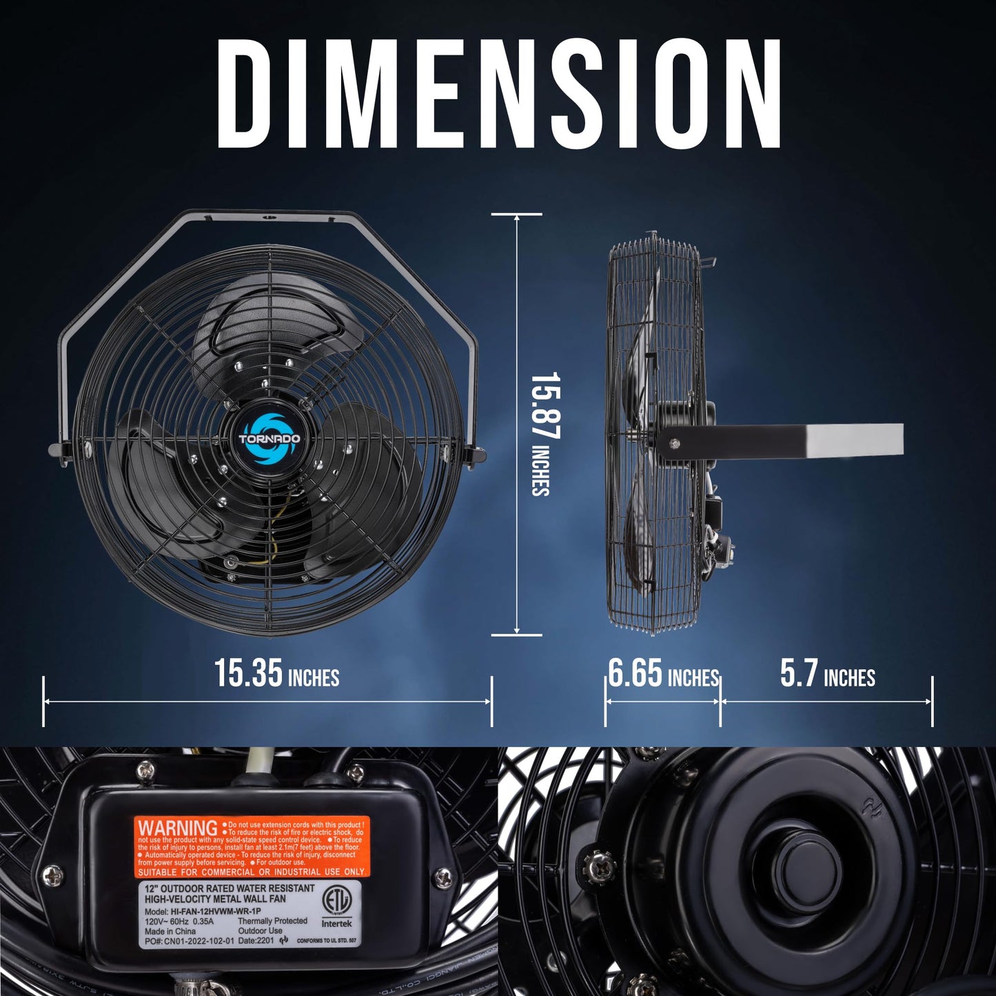 Tornado 12 Inch Outdoor Rated IPX4 Water-Resistant High Velocity Metal Industrial Wall Mount Fan For Commercial, Industrial, Residential, TEAO Motor 3