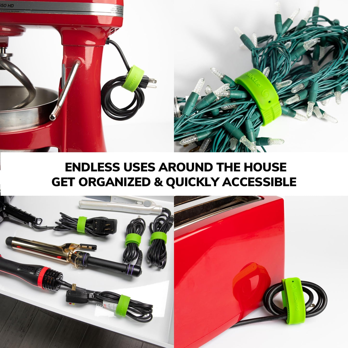 SnapClips Storage Straps, 6" Green - Set of 2, Heavy Duty Extension Cord Organizer Straps, Reusable Cable Ties, Hose Storage, Accessories Holder