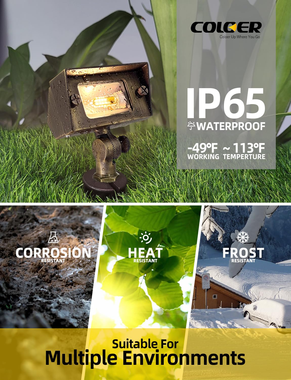 COLOER Brass Small Rectangular Flood Lights Outdoor with 3W 2700K Warm White LED G4 Bulb, 12V Low Voltage Landscape Outside Lights for House
