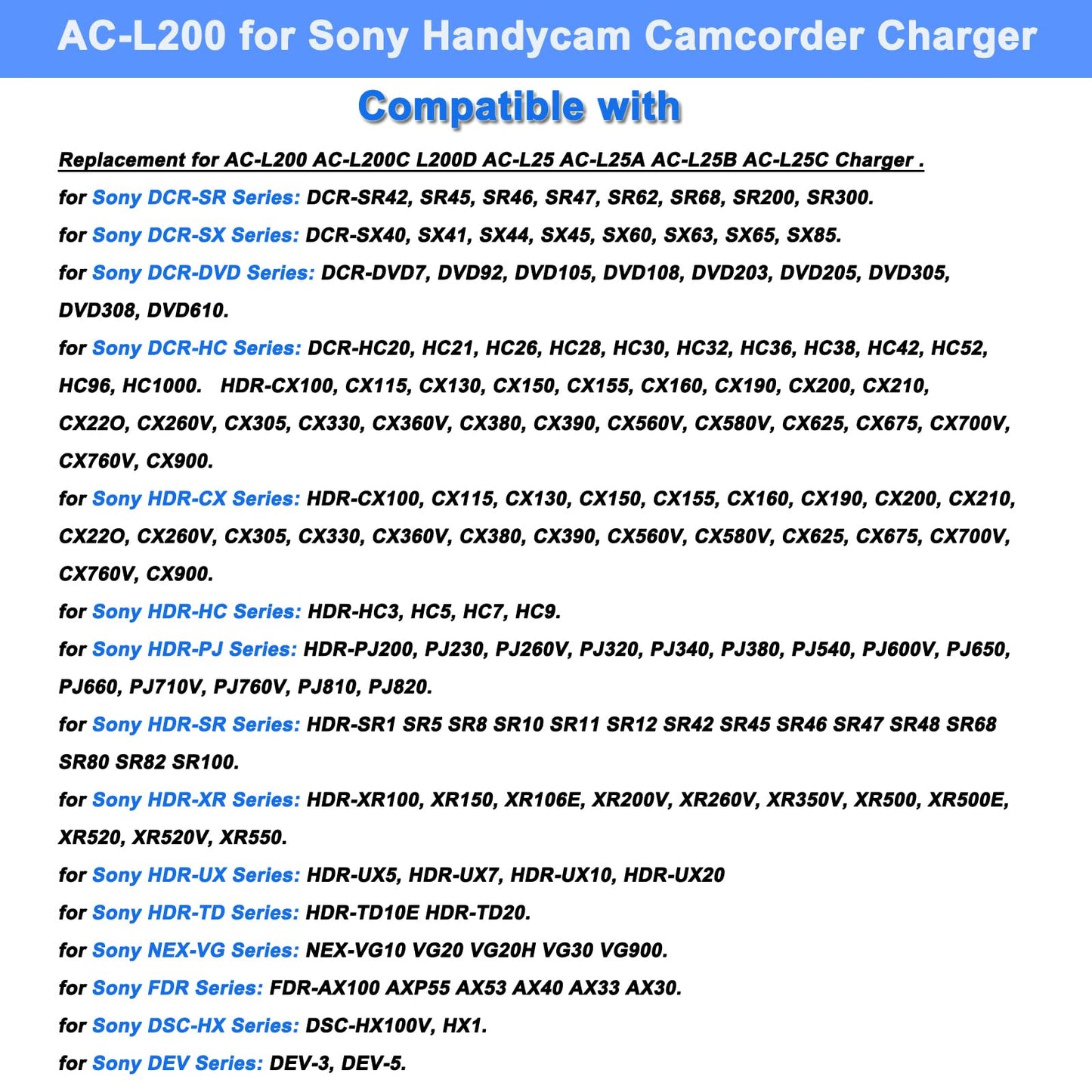 TKDY AC-L200 Charger for Sony Handycam Camcorder, Compatible with DCR-DVD DCR-HC DCR-SR DCR-SX, HDR-CX HDR-HC HDR-PJ HDR-SR HDR-XR HDR-UX HDR-TD