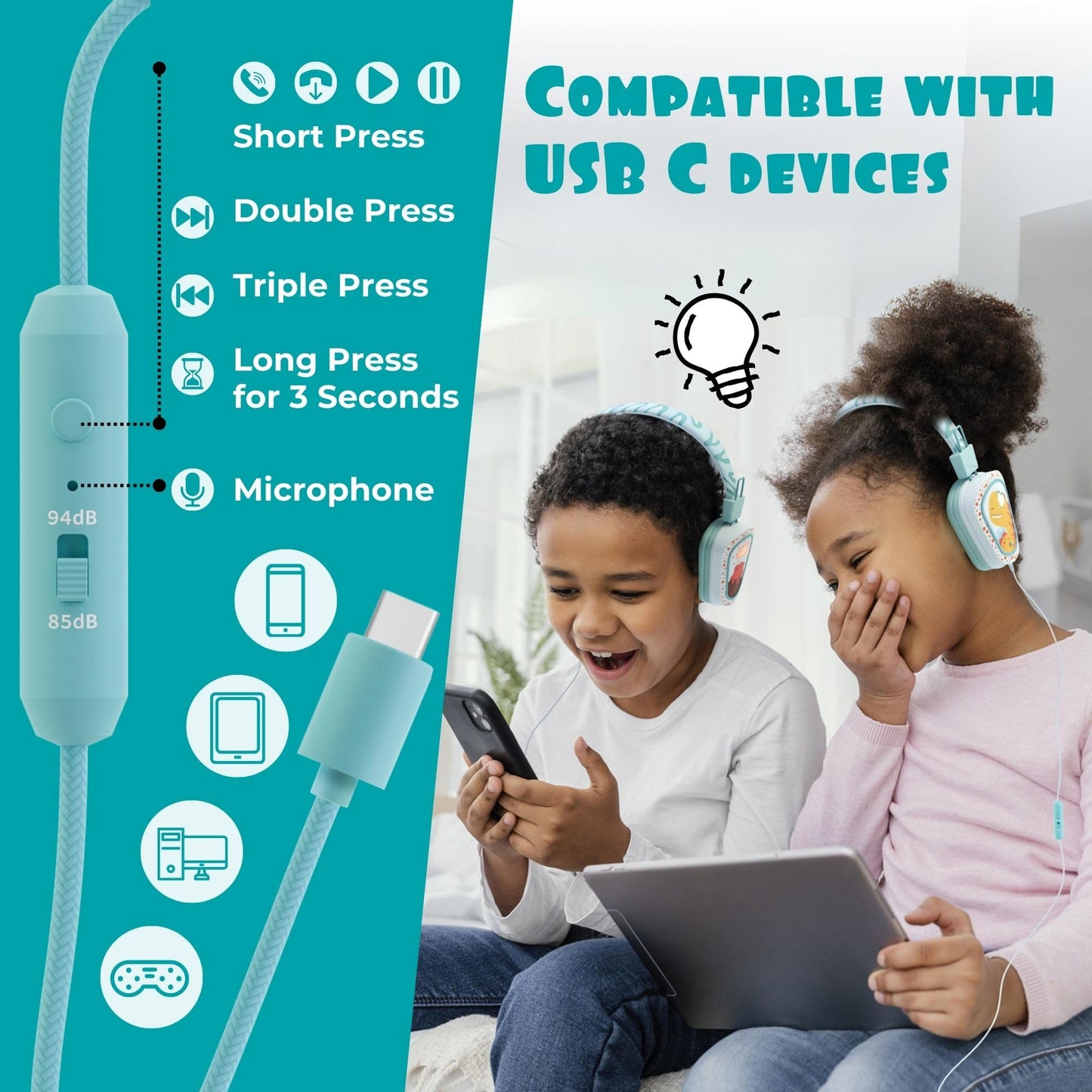 Kidrox® Kids Headphones Wired LED Lights with Microphone, Durable and Flexible, Volume Limited 85/94db Kid Safe Dinosaur Headphones for Kids, Perfect