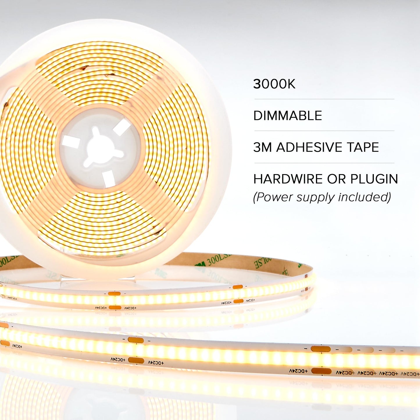 Maxxima 16.5 ft. COB LED Strip Light Spool, Plug-in Or Hardwired with Power Supply, 3000K Warm White, Dimmable, Self Adhesive Cuttable Rope Tape Light