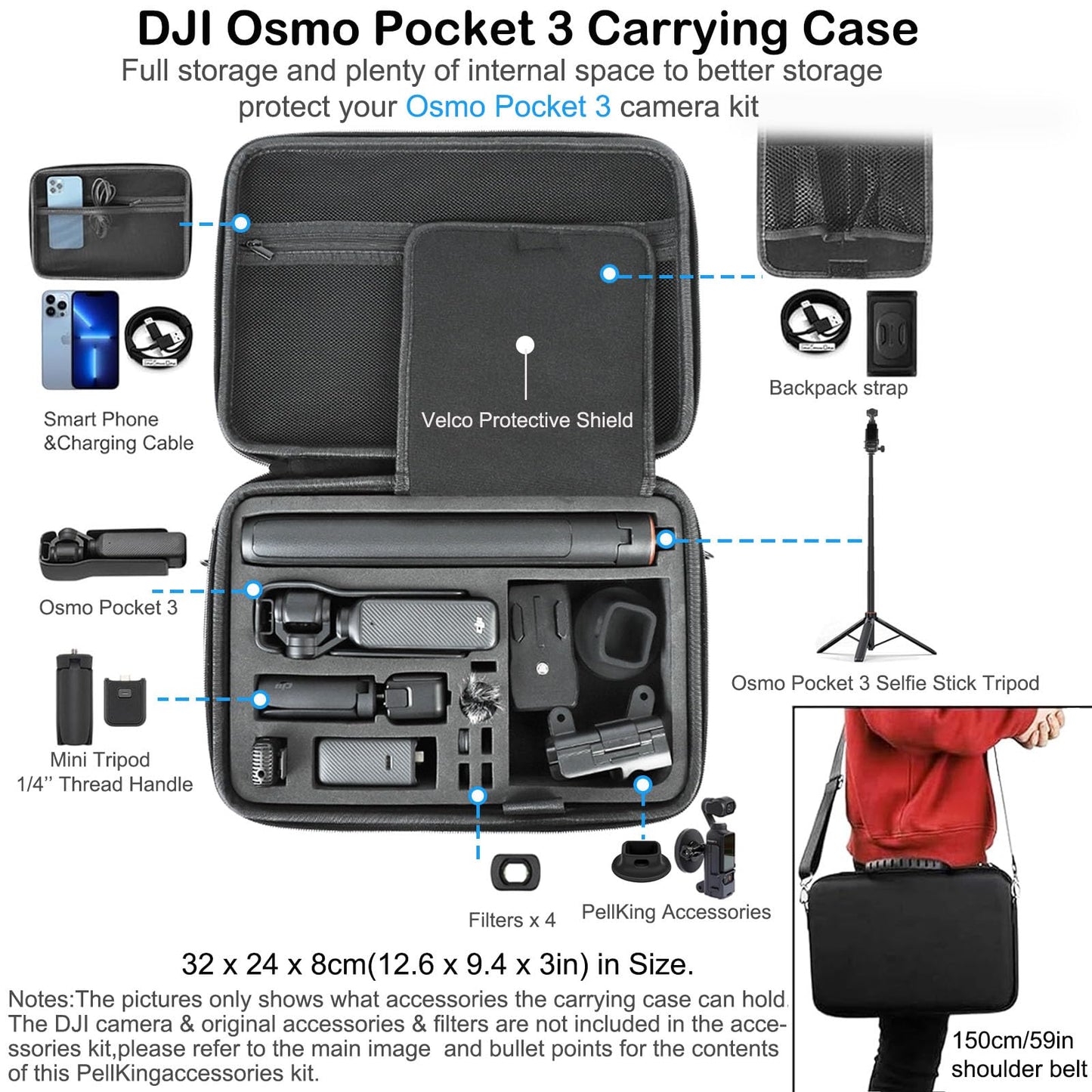 PellKing Accessories Kit for Osmo Pocket 3/Xtra Muse,Included Carrying Case with Belt,135cm Selfie Stick Tripod,Suction Cup,Magnetic Mount,4 Pcs Body