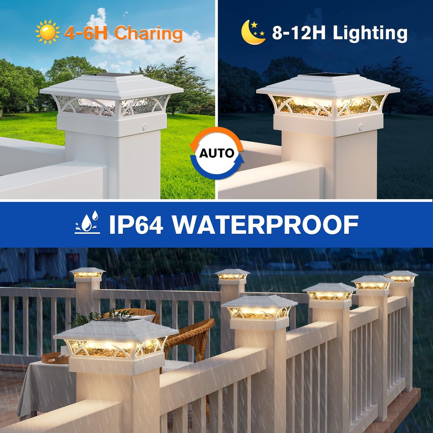 APONUO Solar Post Cap Lights 6 Pack - 4x4 5x5 6x6 Fence Post Lights, Auto On/Off, Waterproof IP64, 2-Mode (Warm/Cool White), Deck Patio Yard Solar
