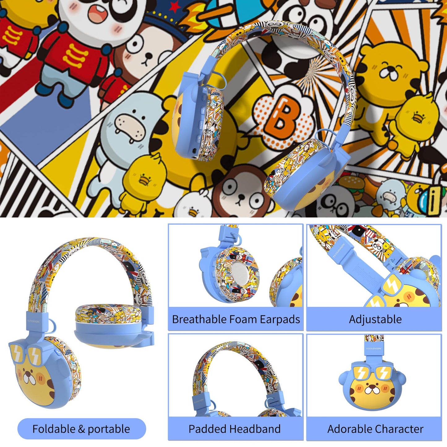YLFASHION Kids Bluetooth Headphones, 85dB Volume Limit, Ultra-Soft Over-Ear, Built-in Mic, Foldable, Beerus Cartoon Animal Design, Suitable…