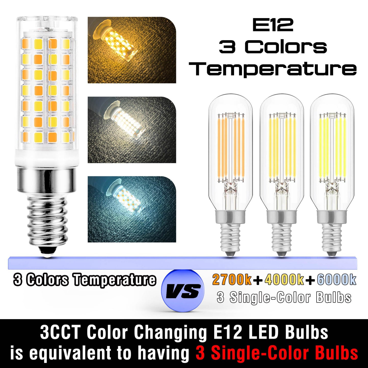 E12 LED Candelabra Bulb 60W Equivalent 3CCT Adjustable (2700K-4000K-6000K), AC120V 6W 600LM, 3 Colors Temperature Mode E12 C7 T6 Bulb for Night Light