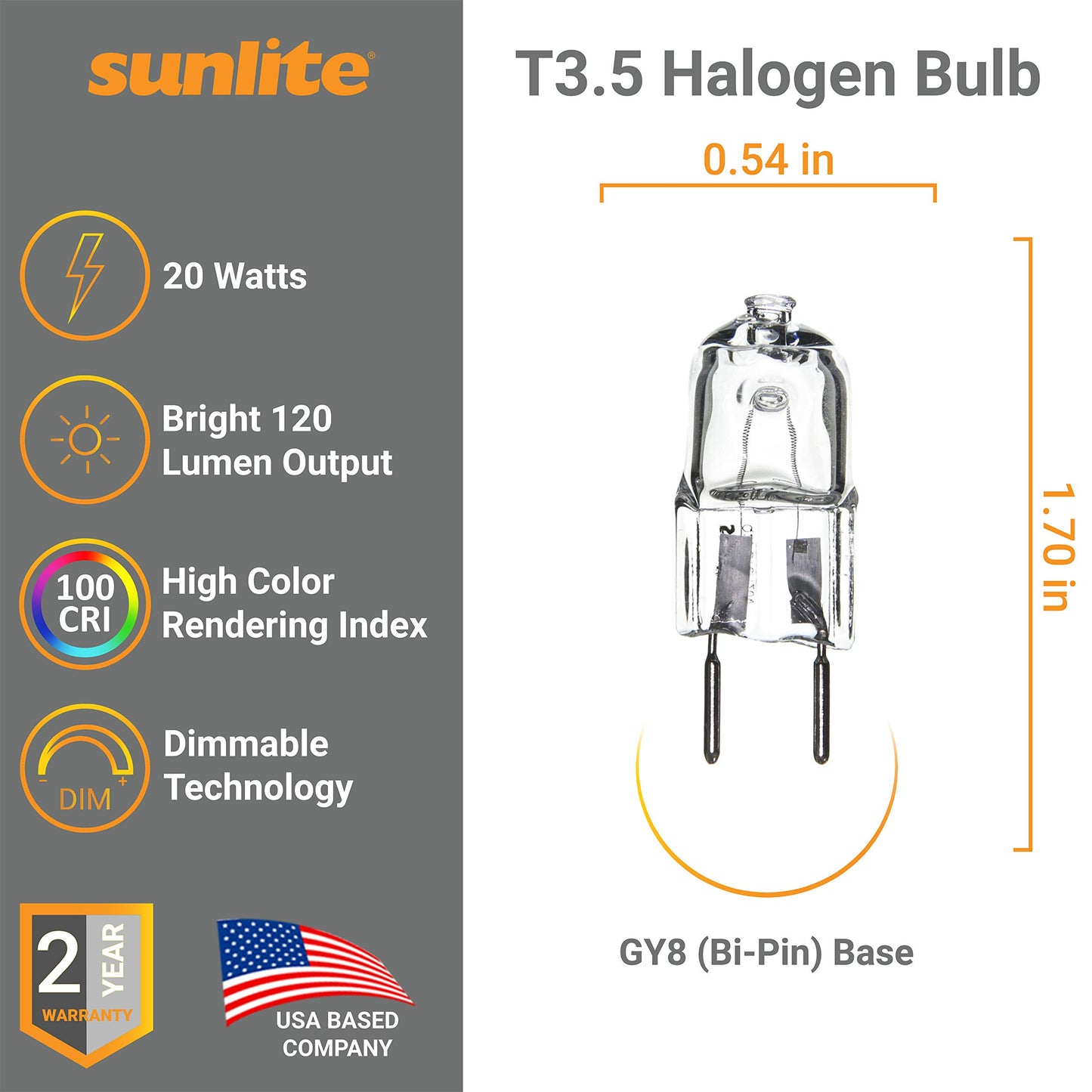 Sunlite 40634-SU Q20/GY8/120V Halogen 20-Watt Single Ended T3.5 Light Bulb, 120 Lumen, 120 Volt, GY8 (Bi-Pin) Base, Clear, 2000 Hour Life Span, 12