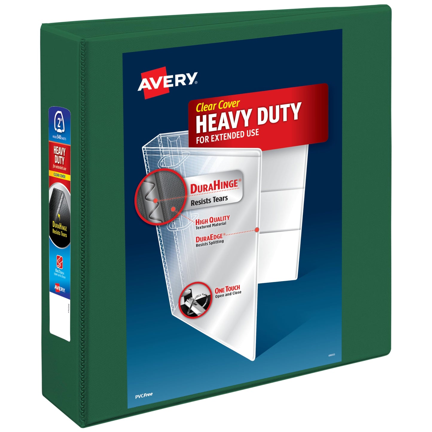 Avery Heavy-Duty View 3 Ring Binder, 2 Inch One Touch EZD Rings, 540-Sheet Capacity, 2.8 Inch Wide Spine, Customizable Clear Cover, 1 Green, 79683